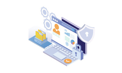 Isometric fraud protection concept  web scene. People protecting from hacker and internet data phishing attack, using cyber security technology.on white background.3D design.isometric vector design.