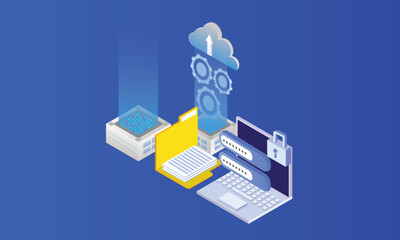 Isometric Network security data is stored on cloud servers.on blue background.3D design.isometric vector design Illustration.