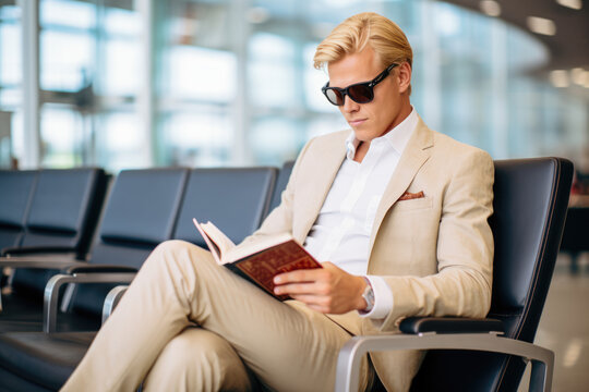 Businessman sitting in airport reading a book.