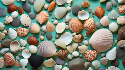 shells and stones on a mint background.