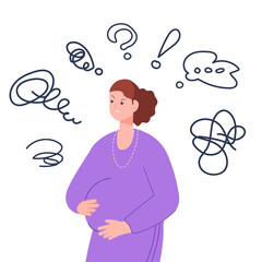Depression pregnant woman. Depressed thoughts of adolescent mom, sad pregnancy question emotional girl, cartoon png illustration