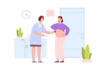 Pregnant woman at obstetrician. Medic midwife check up baby prenatal health with stethoscope, nurse gynaecologist examination birth pregnancy, simplistic png illustration