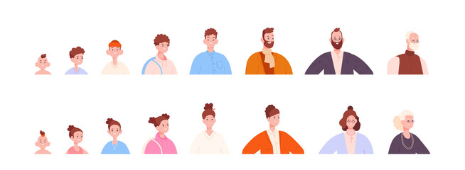 Aging avatar stage. Avatars family character growth preschool baby to grandmother or grandfather, life process young adult human png illustration