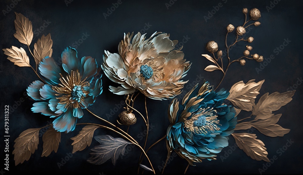 Wall mural Generative AI, Close up of blooming flowerbeds of amazing blue flowers on dark moody floral textured background. Photorealistic effect.	
