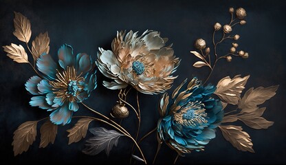 Generative AI, Close up of blooming flowerbeds of amazing blue flowers on dark moody floral textured background. Photorealistic effect.	
 - obrazy, fototapety, plakaty