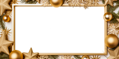 Holiday decoration, gold glitter frame. Festive background isolated on white. Golden ornaments, garland with stars. For Christmas and New Year banners, postcard, birthday