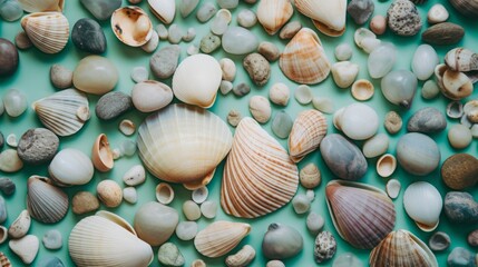 shells and stones on a mint background.