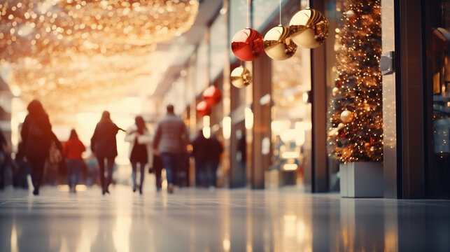 Blurred image of people walking in the shopping mall at Christmas time