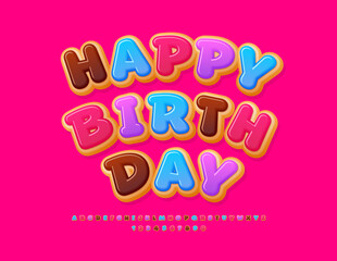 Vector wishing card Happy Birthday! Sweet Donut Font. Delicious Alphabet Letters and Numbers set