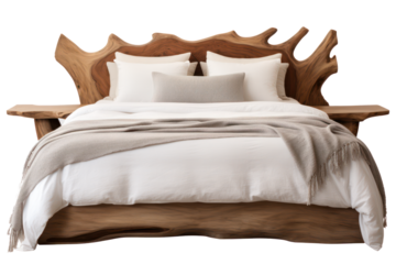 rustic style, natural wooden modern bed isolated on transparent background, png file