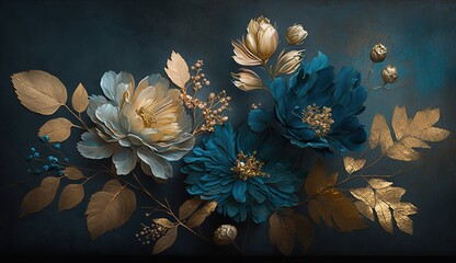 Generative AI, Close up of blooming flowerbeds of amazing blue flowers on dark moody floral textured background. Photorealistic effect.	
