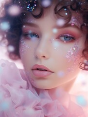 Portrait of a young woman with curly hair surrounded by sparkling glitters giving a magical feel