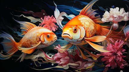 Goldfish in Aquarium. Colorful Underwater World with Exotic Fish
