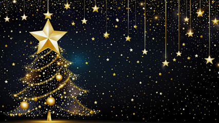 dark christmas background with gold christmas tree, decorations and stars