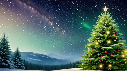 starry night sky scene with aurora in sky and decorated christmas tree on a snowy field surrounded with mountains
