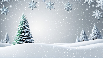 christmas background with snow covered trees and snowflakes