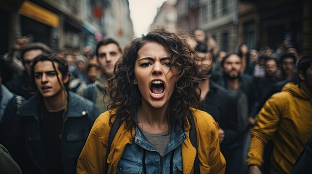 Angry people protesting at the demonstration.