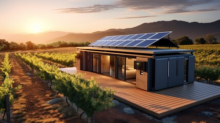 Container converted into a house, with sustainable green energy, in a natural environment.