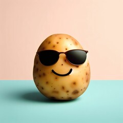 Cool Potato with Shades playful concept, potato with sunglasses, drawn smile, pastel background, simple composition  funny potato image, cool potato character, potato with sunglasses