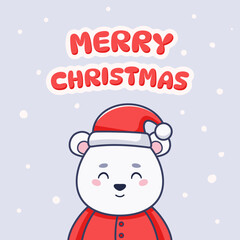 Christmas card with cute polar bear dressed in Santa Claus costume. Vector illustration in cartoon style