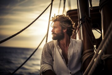 tanned sailor looking to the horizon at sea - obrazy, fototapety, plakaty