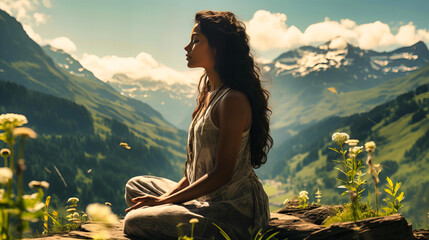 A Stunning Woman Meditating in the Mountains - obrazy, fototapety, plakaty