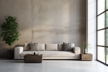 Beige corner sofa in the contemporary minimalist living room interior