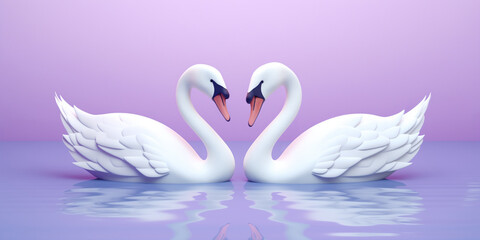 Two swans in love. Minimal 3D illustration, pink and purple colors