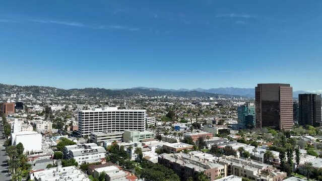Los Angeles Hollywood from Beverly Hills Wilshire Blvd Aerial Shot Back Up Reveal California USA