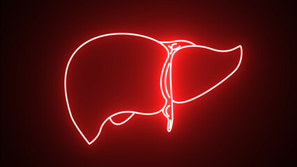 Glowing-red neon line Human organ liver icon isolated on a black background. Neon medical - Liver....