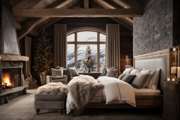 Interior of  cozy montain chalet bedroom with Cristmas decoration, large bed and big window - obrazy, fototapety, plakaty
