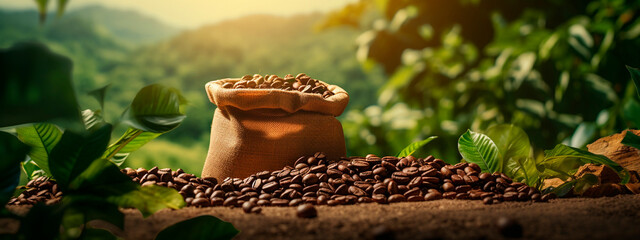 A bag of coffee on a coffee plantation. Generative AI, - obrazy, fototapety, plakaty