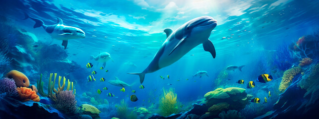Fototapeta na wymiar Dolphin in the sea underwater world. Generative AI,