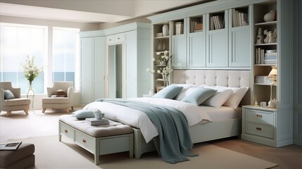 a coastal-inspired bedroom with integrated storage