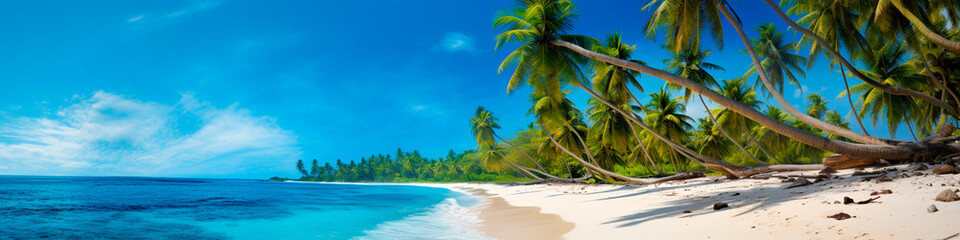 Exotic beach with palm trees and sea banner. Generative AI, - obrazy, fototapety, plakaty