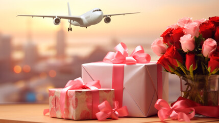 airplane flowers gift box gift Valentine's Day. Generative AI,
