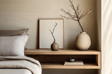 Close up details of bed and side table in trendy japandi style