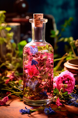 Obraz na płótnie Canvas Tincture extract of herbs and flowers in a bottle. Generative AI,