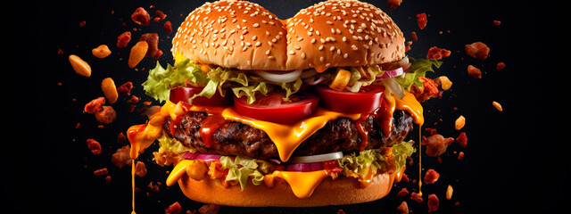 Burger heart on a black background. Generative AI,