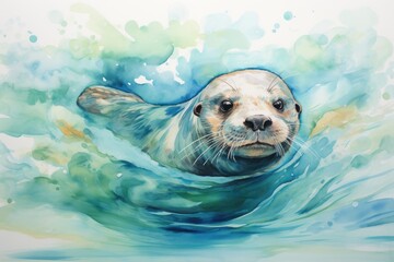 Obraz premium A playful otter floating on its back, with a watercolor background featuring shades of blue and green to create the illusion of water