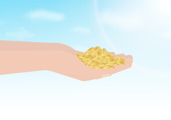 Obraz premium Hand Holding Coins. Vector Illustration on Blue Sky Background. Growing Money, Saving and Investment Concept. 