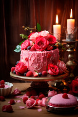 Pink cake with flowers and hearts for Valentine's day. Generative AI,