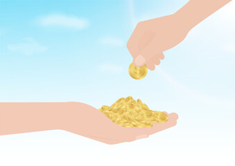 Hand Holding and Receiving Coins with Other's Hand Giving Coins on Blue Sky Background. Vector Illustration. Growing Money, Saving, Donation or Investment Concept. 