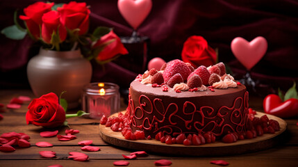 Pink cake with flowers and hearts for Valentine's day. Generative AI,