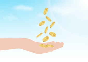 Hand Holding Coins. Vector Illustration on Blue Sky Background. Growing Money, Saving and Investment Concept. 