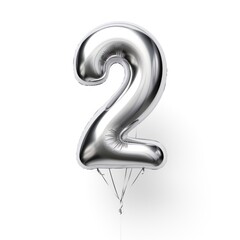 Number 2 silver balloon isolated on white background. 3D number illustration render