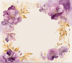 Watercolor floral frame with purple flowers and golden leaves on a white background