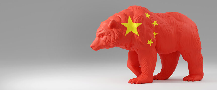 Horizontal banner of a bear with China flag on plain empty grey background. Presentation background image with copy space represents China bear stock market. 3d rendering