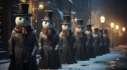 Gothic snowmen in elegant dark clothes lined up for a festive procession on an atmospheric magical festive winter street. Christmas card, New Year atmosphere