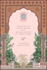 Traditional Indian Mughal arch style wedding invitation card design. Invitation card for printing vector illustration.